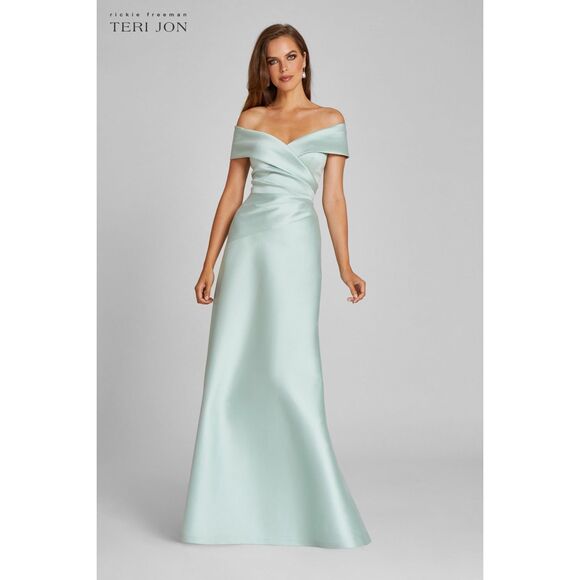 NWT Teri Jon Stretch Gazar Portrait Neck Side Drape A Line Gown Size 10 $1060 - Picture 2 of 11